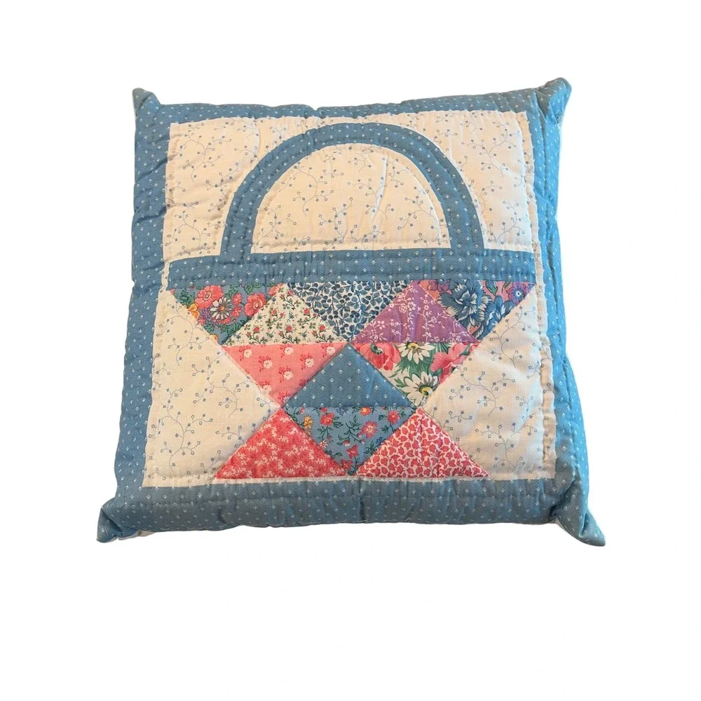 Handmade Quilted Basket Patchwork Throw Pillow Blue Floral Cottagecore